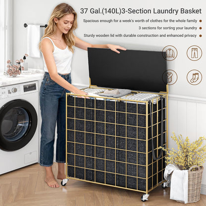 Laundry Basket with Wheels, Heavy Duty Laundry Sorter 2 Sections, 120L (32Gal.) Large Capacity Laundry Hamper with Wood Lid, 360 Rolling Wheels, Extra Side Pocket, Leather Pull Handle, Beige
