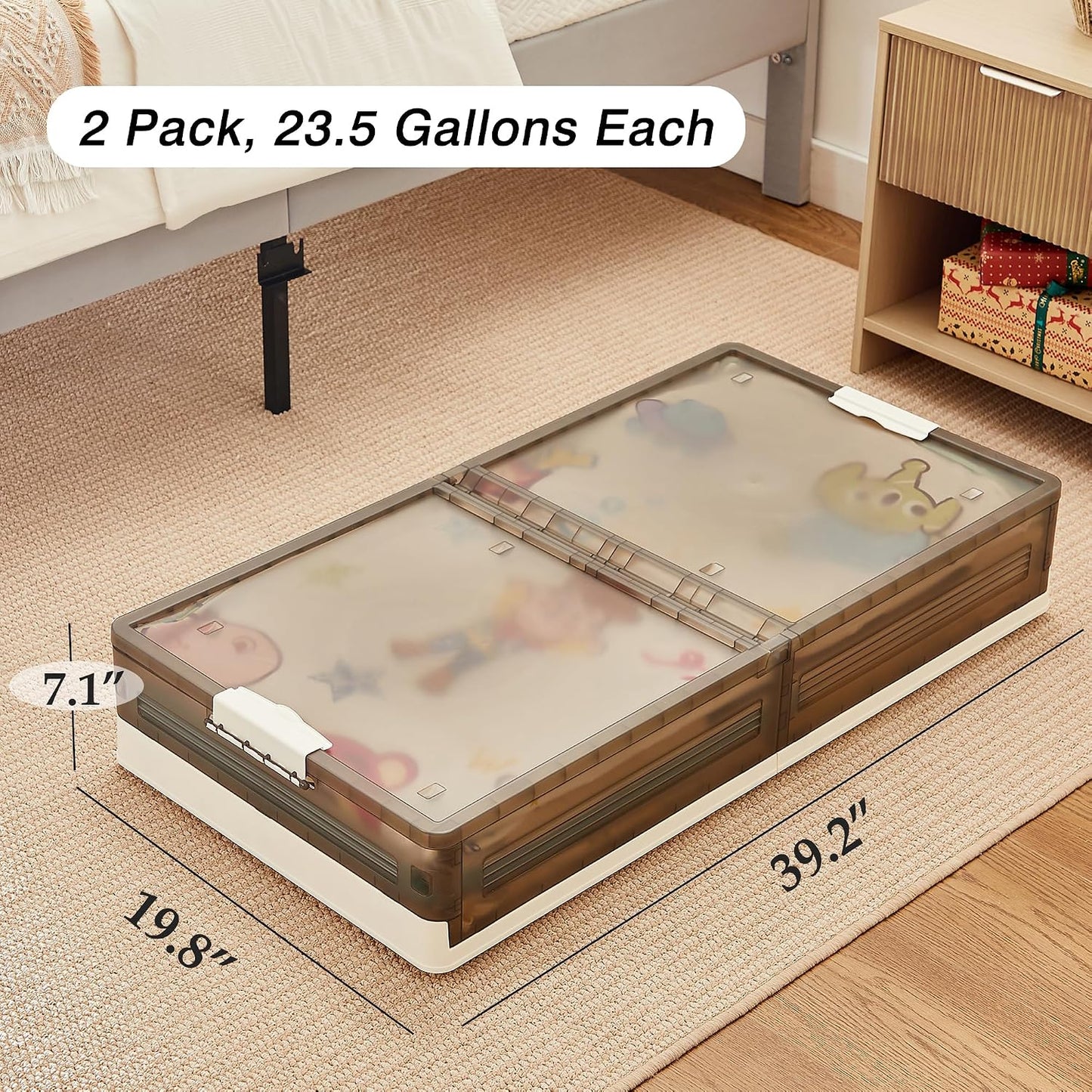 VECELO Under Bed Storage with Wheels, 2 Pack Stackable Under Bed Storage Containers, Underbed Storage Containers with Lids, Plastic Foldable Folding Box for Clothes Shoes, Grey