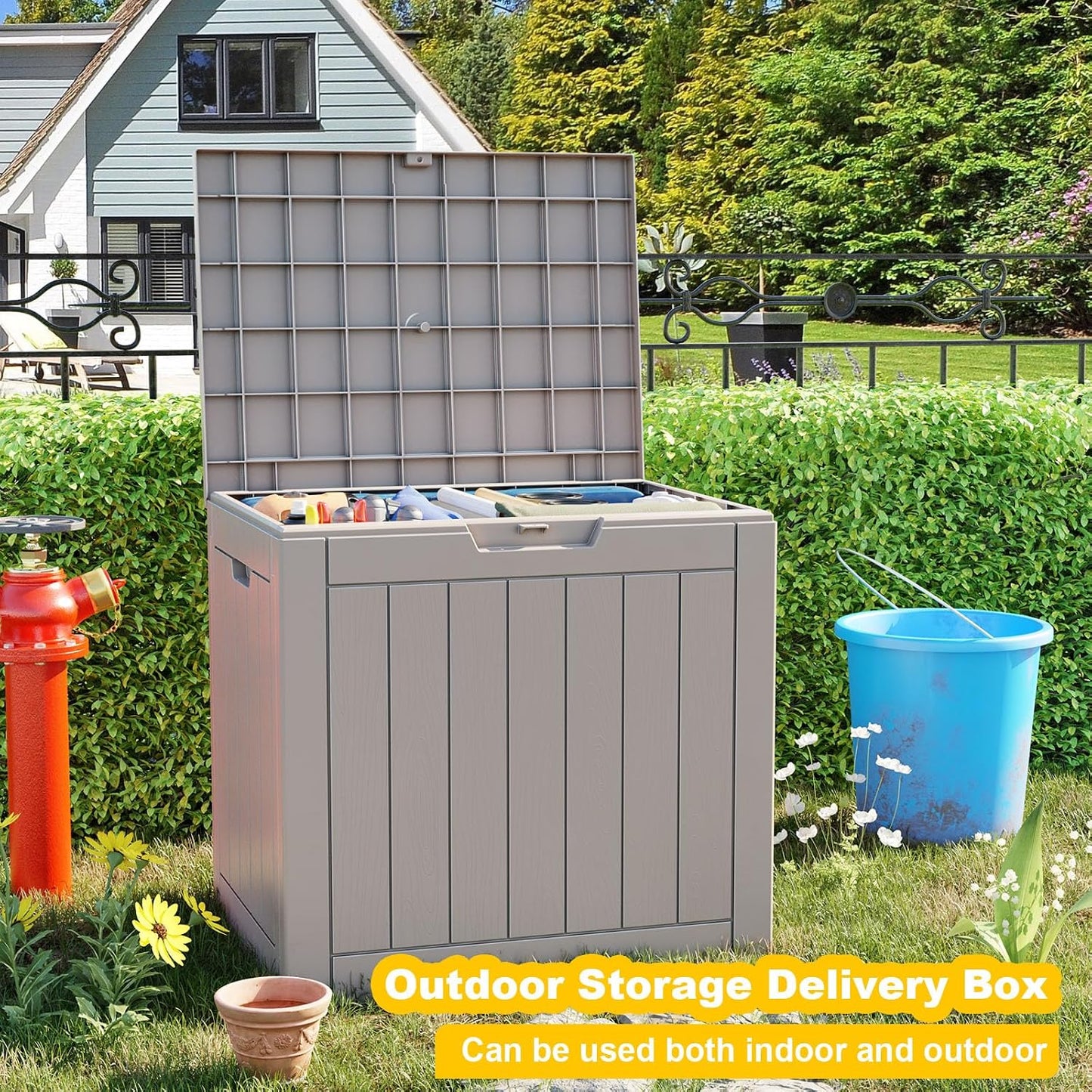125Gal Outdoor Storage Box, Lockable Deck Box with Hydraulic Lid | Waterproof UV-resistant, Durable outdoor bin for patio cushions, pool accessories & garden tools. Keeps contents secure & dry