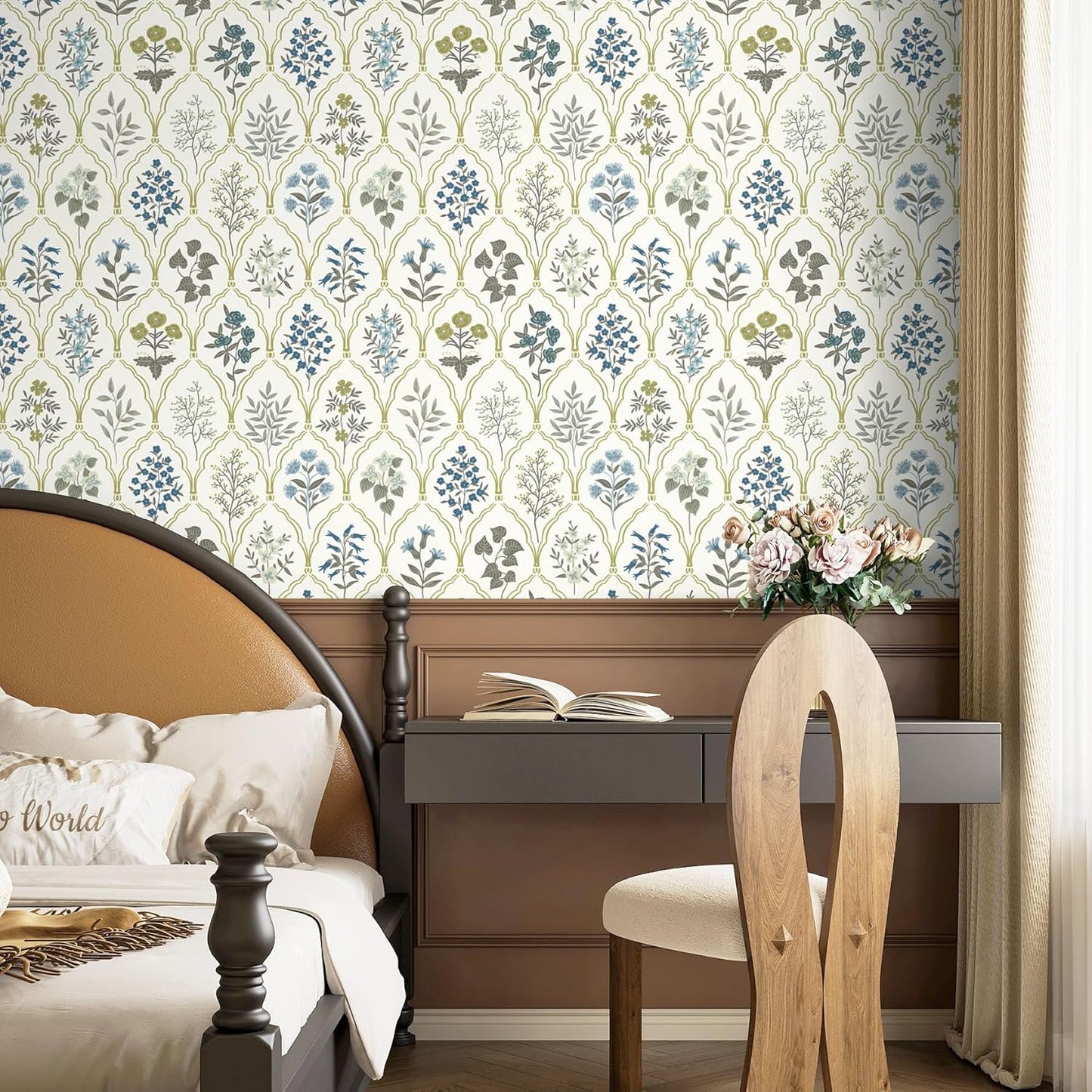 Dimoon 17.3''x78.7'' Vintage Peel and Stick Wallpaper Boho Beige Neutral Contact Paper White Floral Bird Wallpaper Removable Botanical Renter Friendly Modern Wall Paper Bedroom Bathroom Vinyl Roll