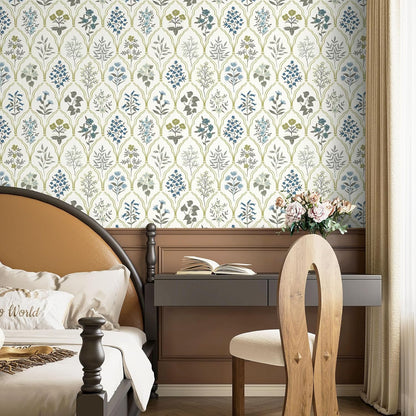 Dimoon 17.3''x78.7'' Vintage Peel and Stick Wallpaper Boho Beige Neutral Contact Paper White Floral Bird Wallpaper Removable Botanical Renter Friendly Modern Wall Paper Bedroom Bathroom Vinyl Roll