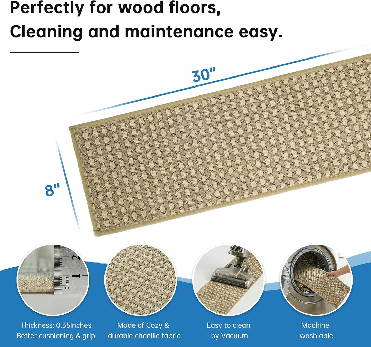 Chenille Stair Treads for Wooden Steps 8"x30" (15 Pack), Ultra Soft Non-Slip Carpet Stair Runners Indoor, Peel and Stick Self-Adhesive Step Rugs for Kids & Dogs, Machine Washable, Gray
