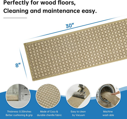 Chenille Stair Treads for Wooden Steps 8"x30" (15 Pack), Ultra Soft Non-Slip Carpet Stair Runners Indoor, Peel and Stick Self-Adhesive Step Rugs for Kids & Dogs, Machine Washable, Gray