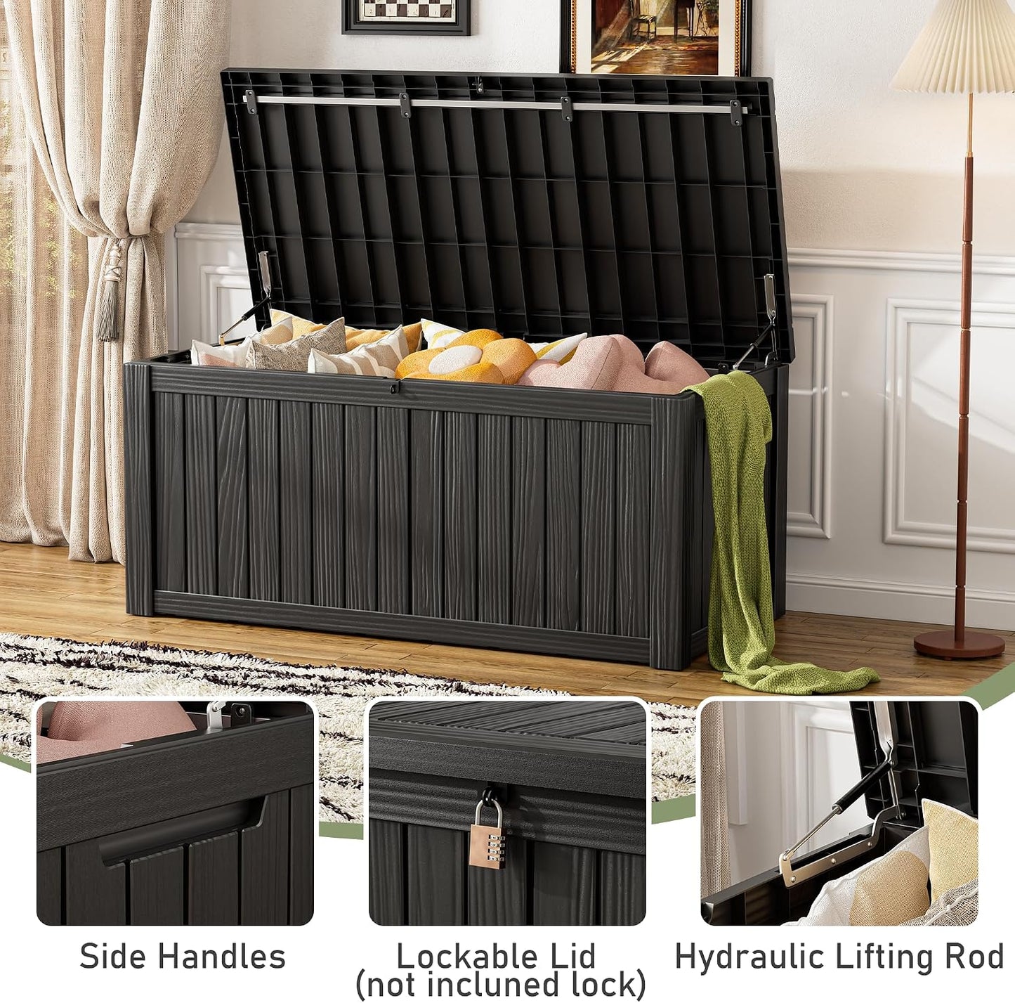 KAMABOKO 31 Gallon Outdoor Storage Box, Resin Deck Boxes Indoor and outdoor, Waterproof Storage Box Lockable Lid for Garden Tools, Package Delivery, Pool Supplies, Patio Cushions, Black