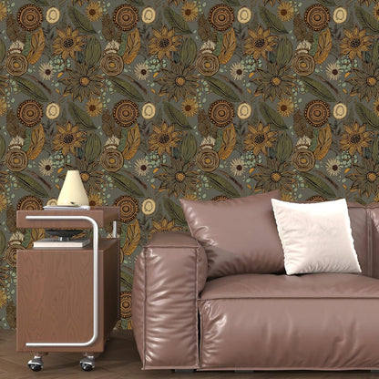 Blue Wallpaper Peel and Stick,Vintage Boho Floral Contact Paper 17.5" x 118", Retro Botanical Flower Wall Paper Self Adhesive Removable Waterproof for Walls Shelves Cabinet Table (Blue,Yellow, Green)
