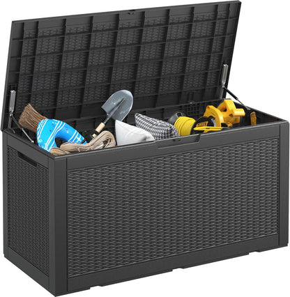 NUNU LAB Outdoor Storage Box, 45 Gallon Outside Deck Box Waterproof, Resin Outdoor Storage Cabinet With Lockable Lid, Backyard Storage Bench For Garden Tools, Patio Cushions, Pool Tools, Black
