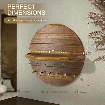 Rebee Vision Pine Wood Key Holder Wall Mount – Rustic Wooden Key Hooks for Wall with Shelf – Decorative Mail Organizer, Coat Rack & Dog Leash Holder for Home Decor, Entryway and Living Room (Brown)