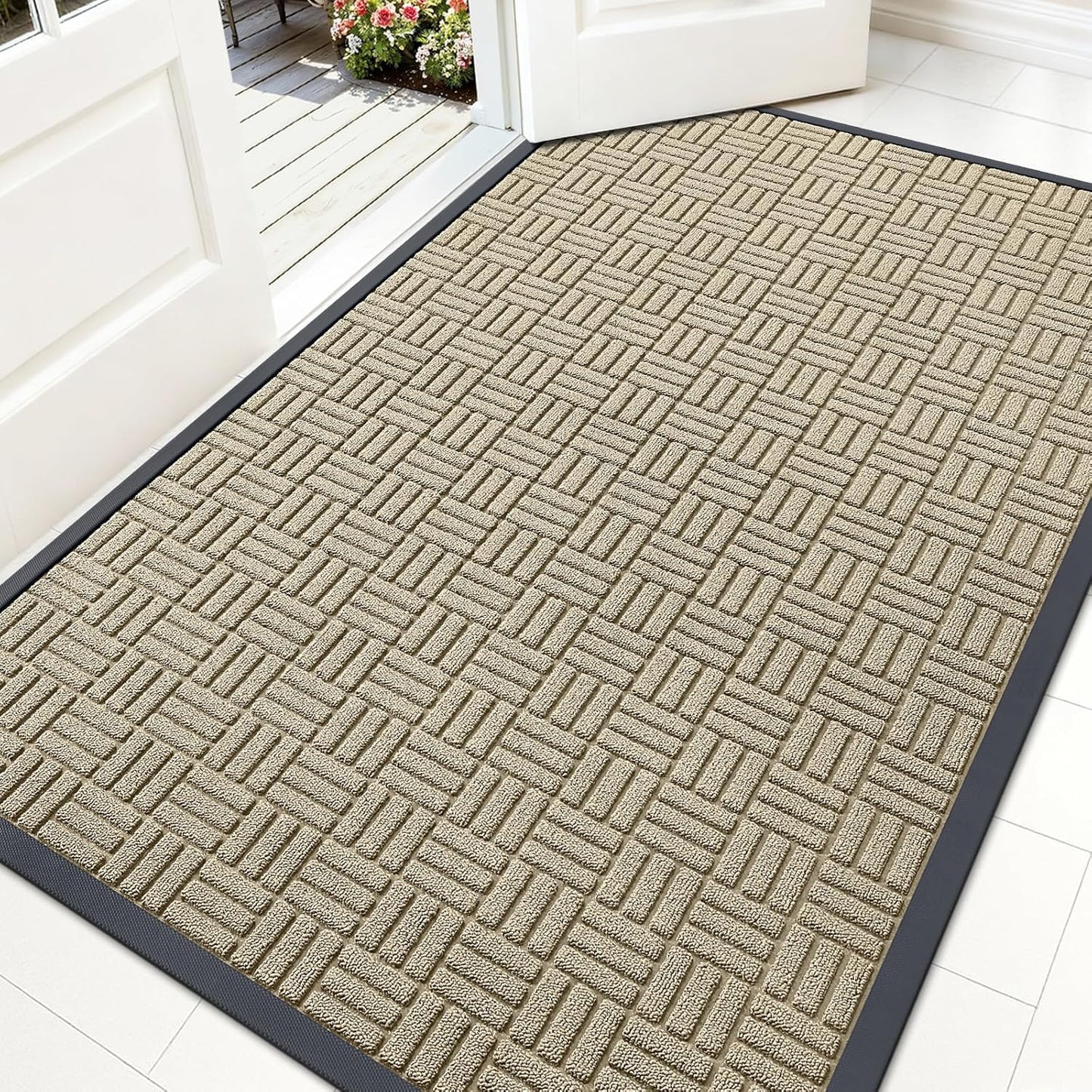 OLANLY Front Door Mat Outside Entrance 29.5x17, Absorbent, Heavy Duty Sturdy Natural Rubber Doormat Indoor Outdoor, Stain and Fade Resistant, Non-Slip Backing Low Profile Floor Mat for Entryway, Grey