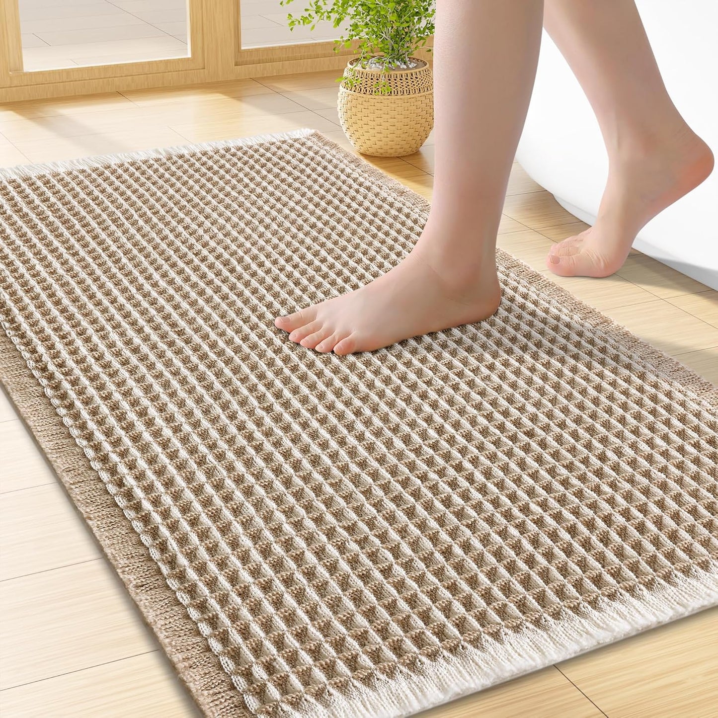 Smiry Waffle Bath Mat 30x20, Extra Soft Absorbent Bathroom Rugs, Non Slip Machine Washable Quick Dry Bath Rugs for Bathroom Floor, Tub, Shower, Home Decor Accessories, Brown