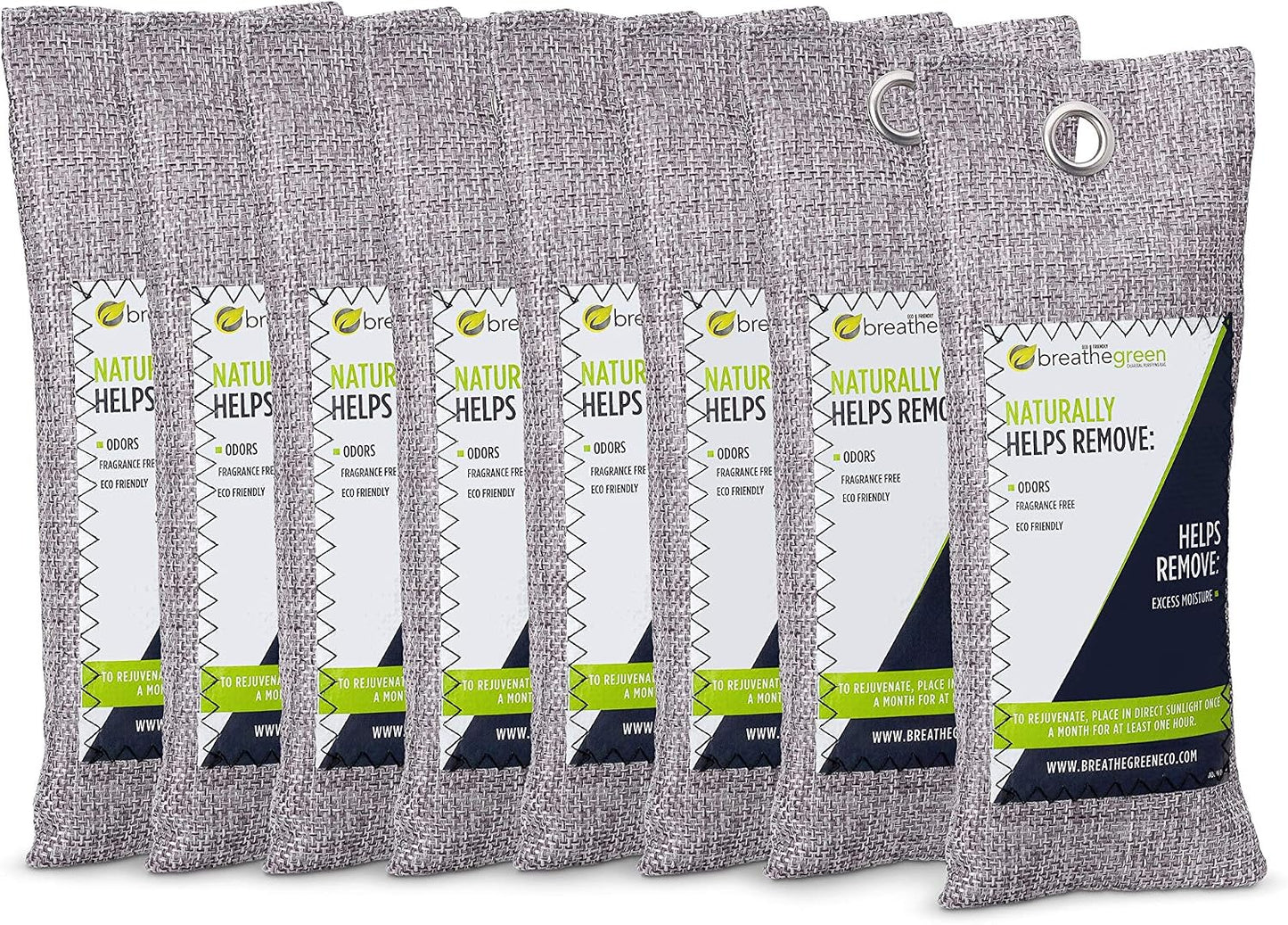 Breathe Green Charcoal Shoe Odor Eliminator Bags (8-Pack) | Activated Bamboo Charcoal Shoe Deodorizer | Natural Air Freshener Helps Remove Odors & Moisture | Odor Eliminator for Car, Closet, Gym Bag,