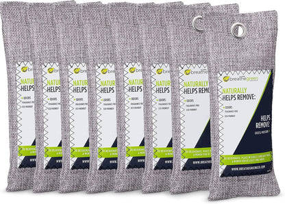 Breathe Green Charcoal Shoe Odor Eliminator Bags (8-Pack) | Activated Bamboo Charcoal Shoe Deodorizer | Natural Air Freshener Helps Remove Odors & Moisture | Odor Eliminator for Car, Closet, Gym Bag,