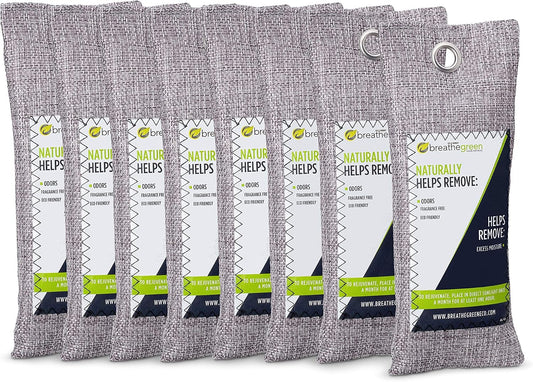 Breathe Green Charcoal Shoe Odor Eliminator Bags (8-Pack) | Activated Bamboo Charcoal Shoe Deodorizer | Natural Air Freshener Helps Remove Odors & Moisture | Odor Eliminator for Car, Closet, Gym Bag,
