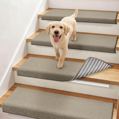 COSY HOMEER Bullnose Carpet Stair Treads, Peel and Stick Non-Slip Stair Treads for Wooden Steps, 11" x 30" Indoor Stair-Runner Rugs (4Pc, Gray)