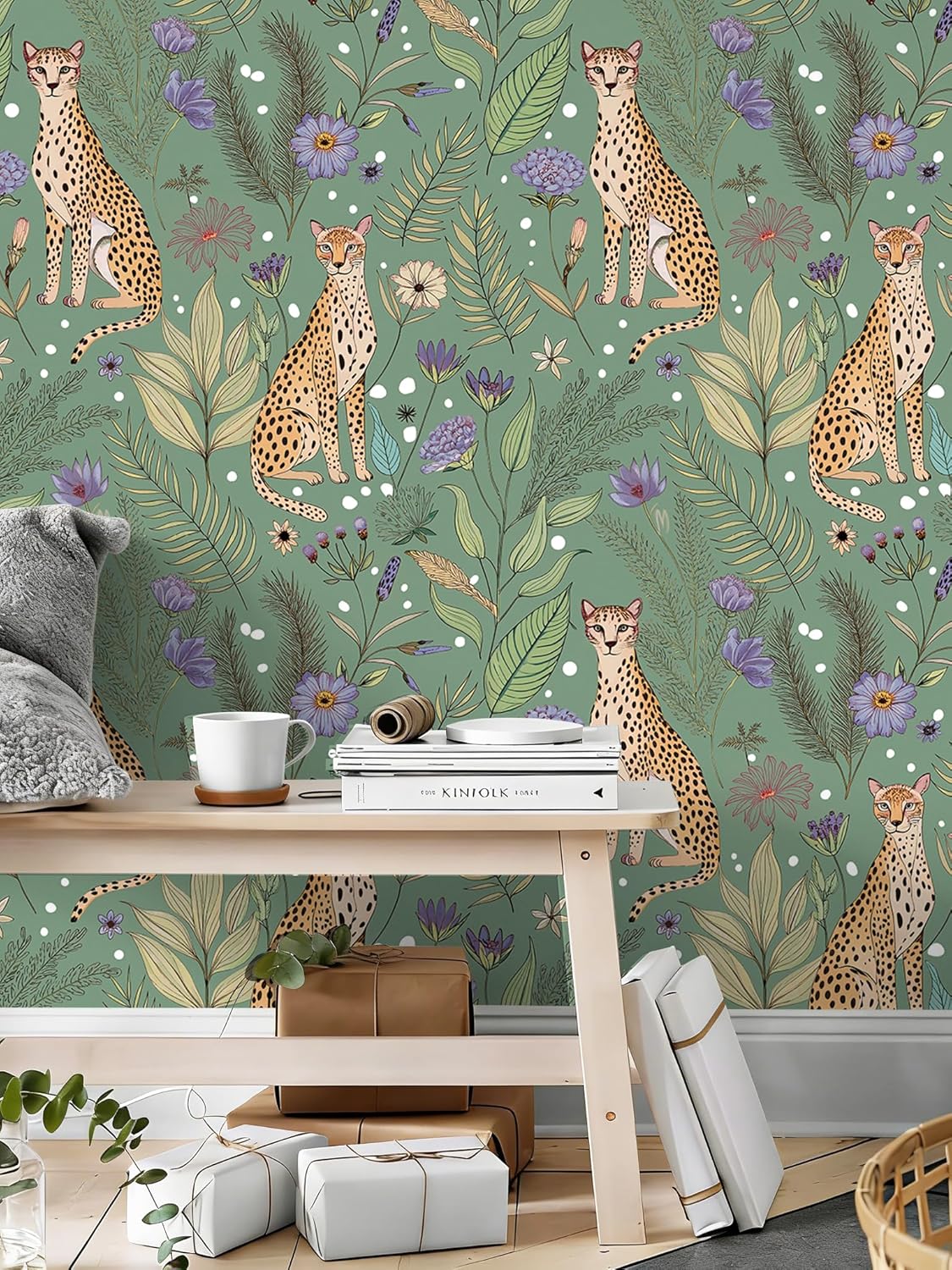 Floralplus Peel and Stick Wallpaper Leopard Jungle Removable Wallpaper for Bathroom Renter Friendly Wallpapers Self Adhesive Animal Floral Contact Paper for Accent Wall 17.5 x 118 in