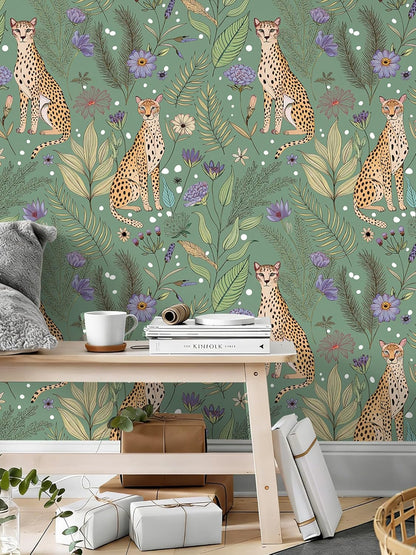 Floralplus Peel and Stick Wallpaper Leopard Jungle Removable Wallpaper for Bathroom Renter Friendly Wallpapers Self Adhesive Animal Floral Contact Paper for Accent Wall 17.5 x 118 in