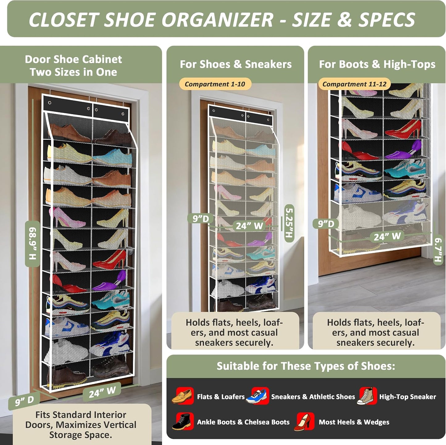 Kotkn 24-Pair Over Door Shoe Organizer for Family & Kids, Double Sided | Hanging Storage for Sneakers, Boots, Toys & Room Organization-Graphite Gray
