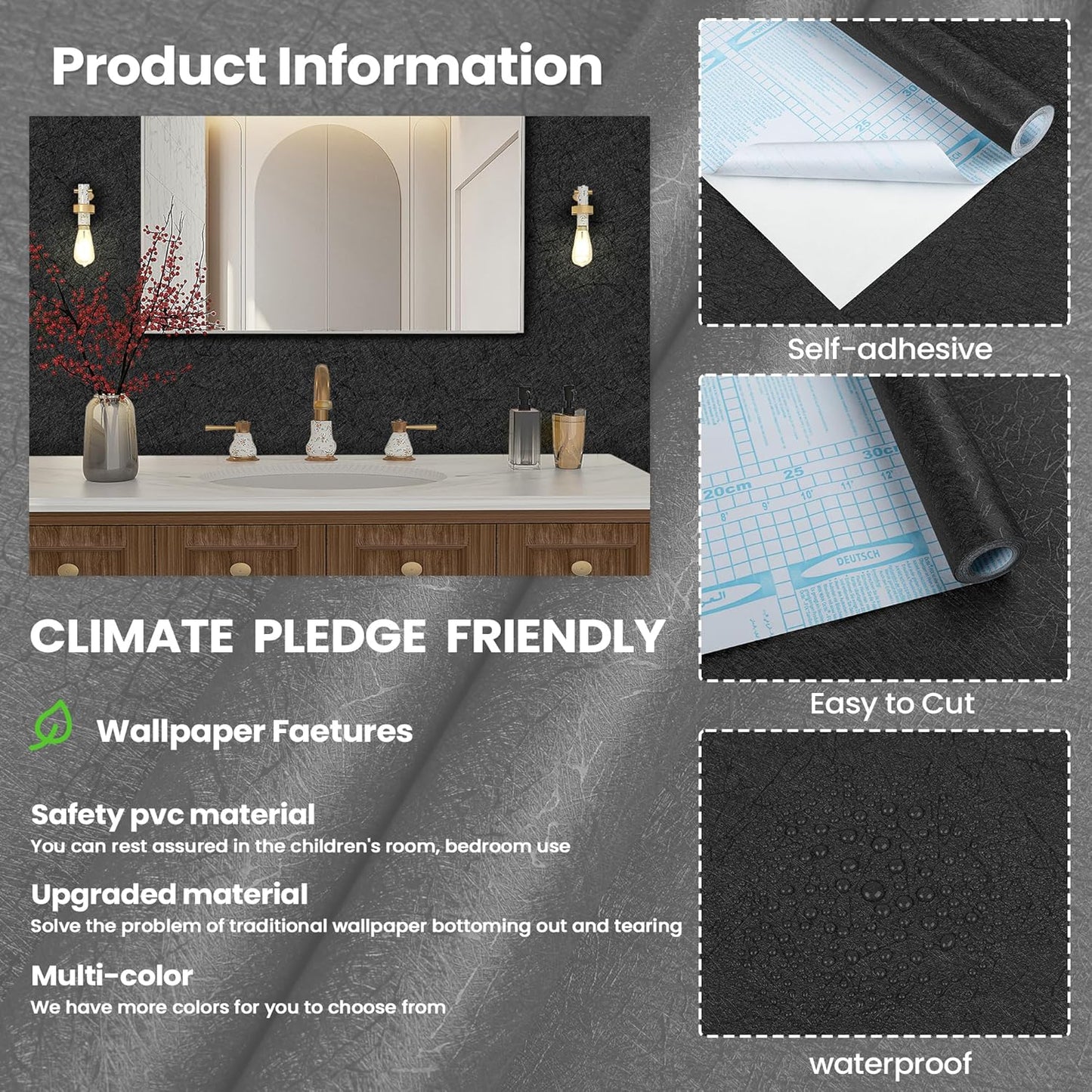 15.7" X 118" Black Silk Wallpaper Embossed Self Adhesive Peel and Stick Wallpaper Contact Paper Removable Waterproof Kitchen Vinyl Wrap Cabinet Furniture Textured Renter Friendly Wall Gift Paper
