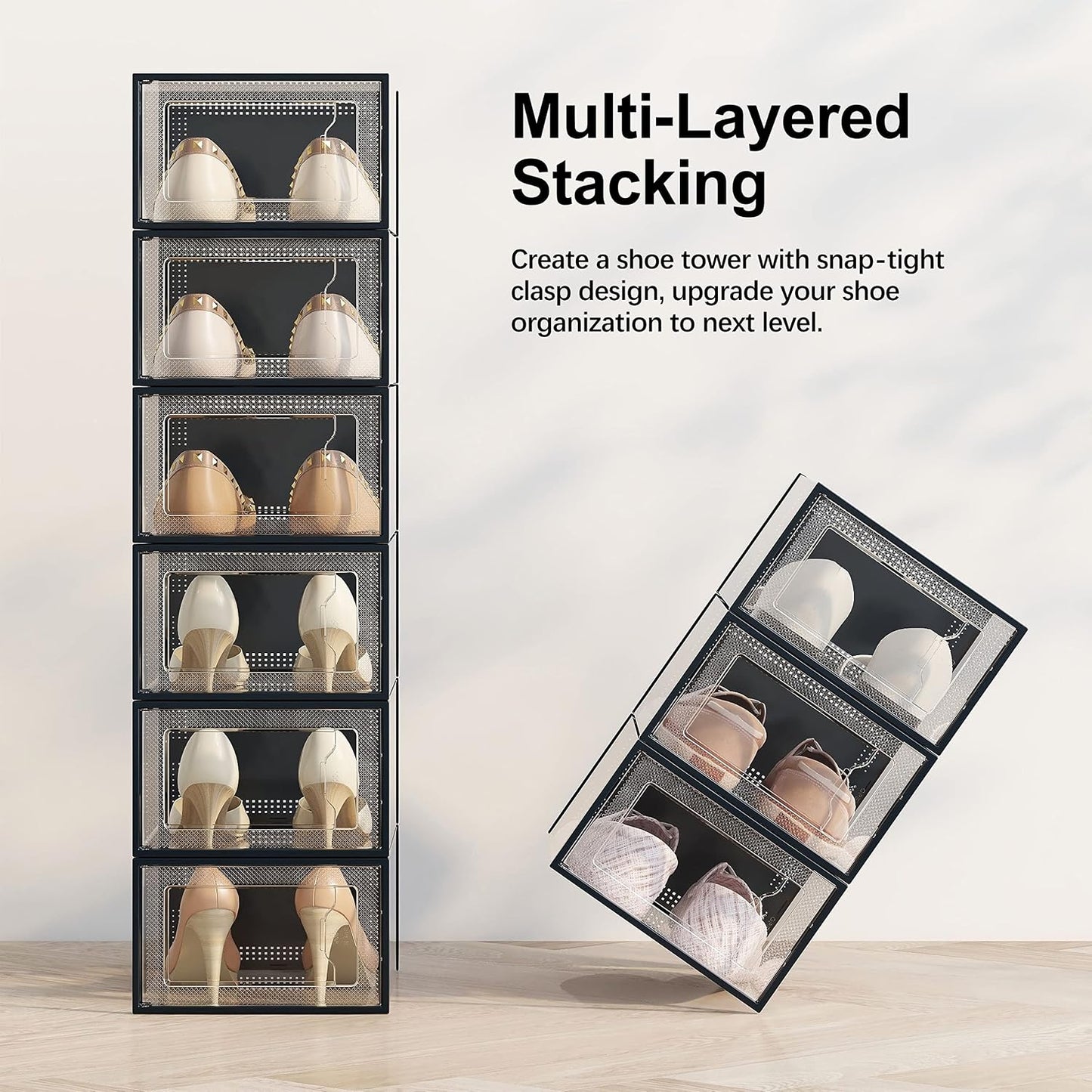 SEE SPRING 12 Pack Shoe Storage Box, Clear Plastic Stackable Shoe Organizer for Closet, Space Saving Foldable Shoe Rack Sneaker Container Bin Holder