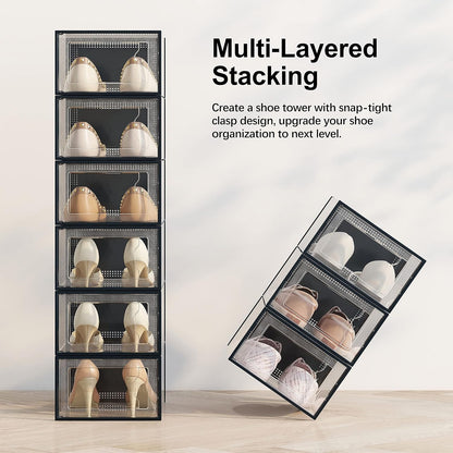 SEE SPRING 12 Pack Shoe Storage Box, Clear Plastic Stackable Shoe Organizer for Closet, Space Saving Foldable Shoe Rack Sneaker Container Bin Holder