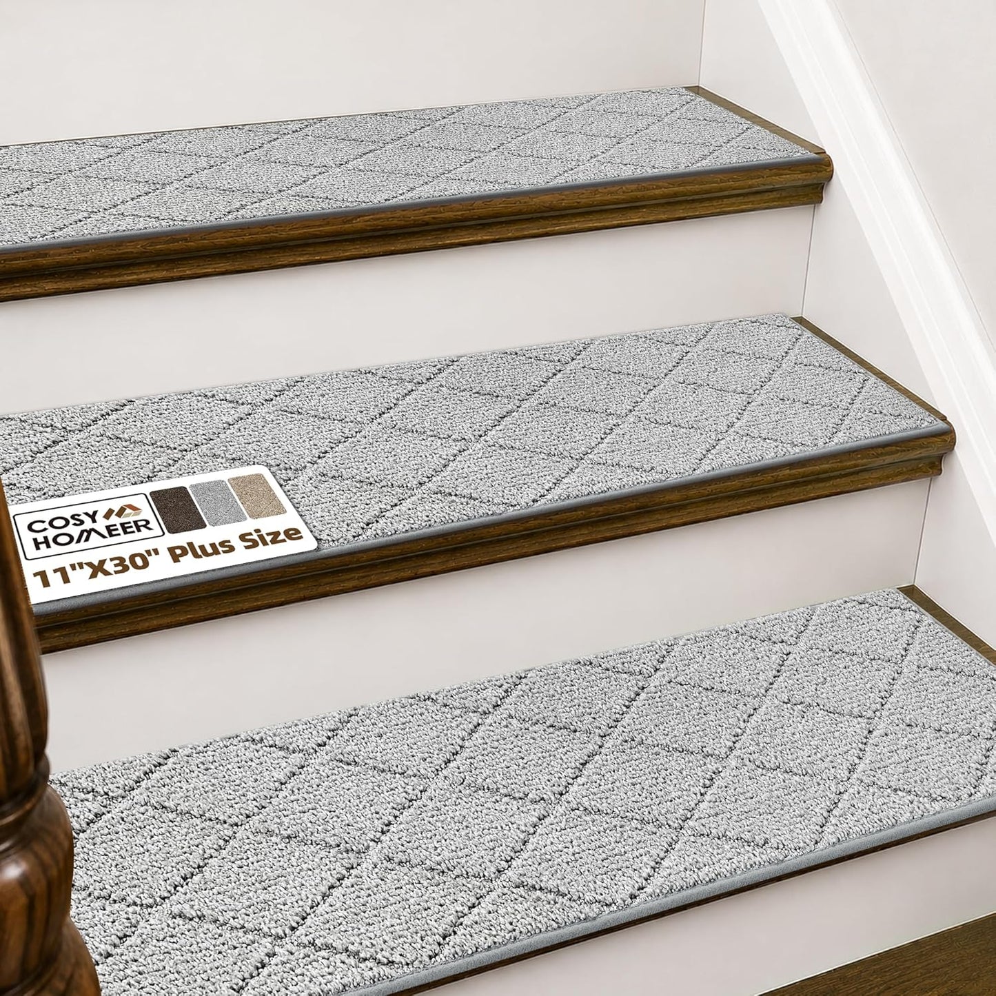 COSY HOMEER Edging Stair Treads Non-Slip Carpet Mat 28inX9in Indoor Stair Runners for Wooden Steps, Edging Stair Rugs for Kids and Dogs, 100% Polyester TPE Backing(4pc, Beige)