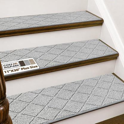 COSY HOMEER Edging Stair Treads Non-Slip Carpet Mat 28inX9in Indoor Stair Runners for Wooden Steps, Edging Stair Rugs for Kids and Dogs, 100% Polyester TPE Backing(4pc, Beige)