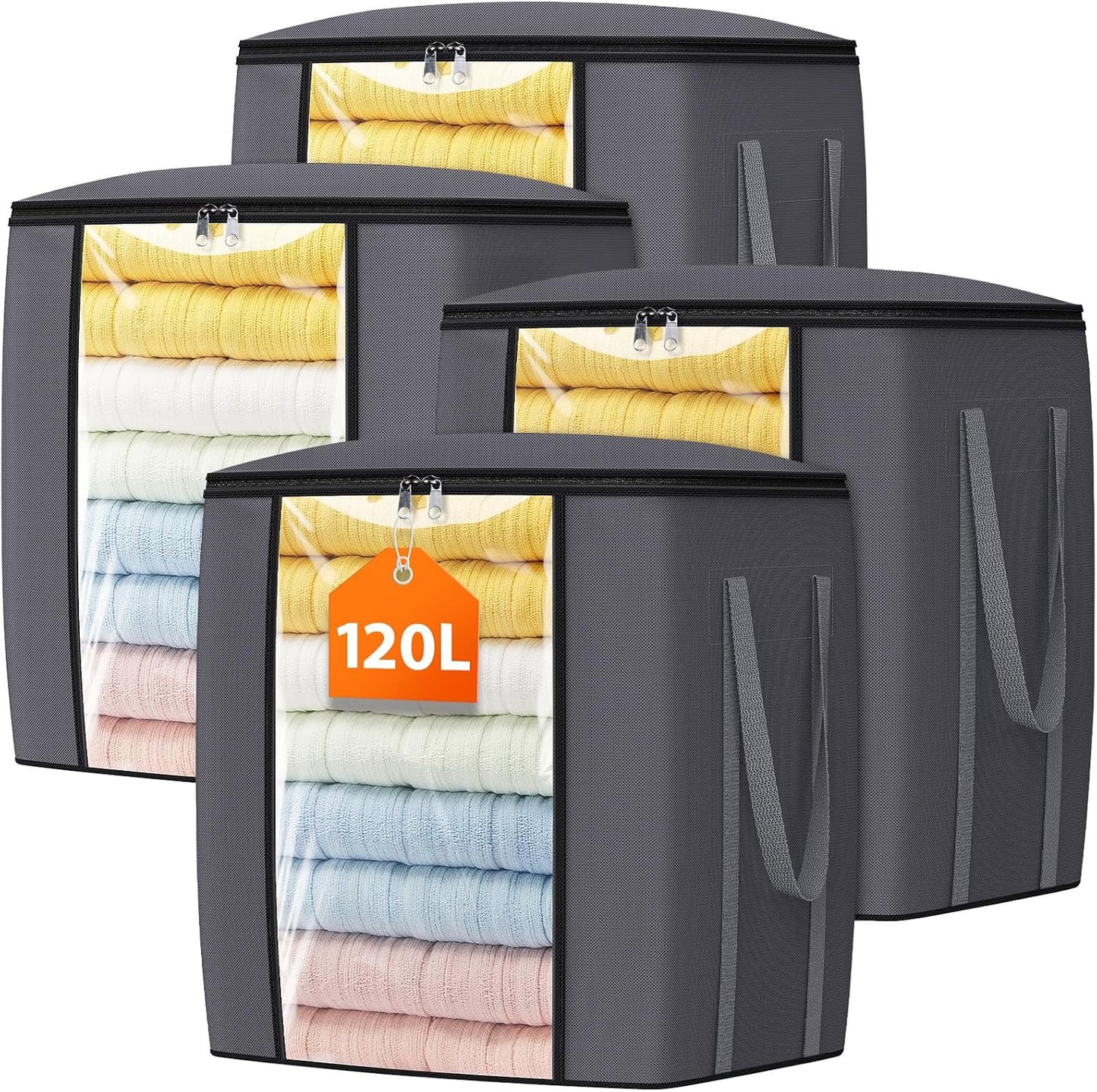 TasticTotes 120L Extra Large Clothes Storage Bags, Foldable Blanket Storage and Organization, Thick Fabric Containers with Reinforced Handles & Zippers for Clothing, Comforters, Bedding, Gray, 1 Pack