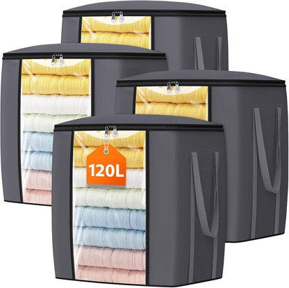 TasticTotes 120L Extra Large Clothes Storage Bags, Foldable Blanket Storage and Organization, Thick Fabric Containers with Reinforced Handles & Zippers for Clothing, Comforters, Bedding, Gray, 1 Pack