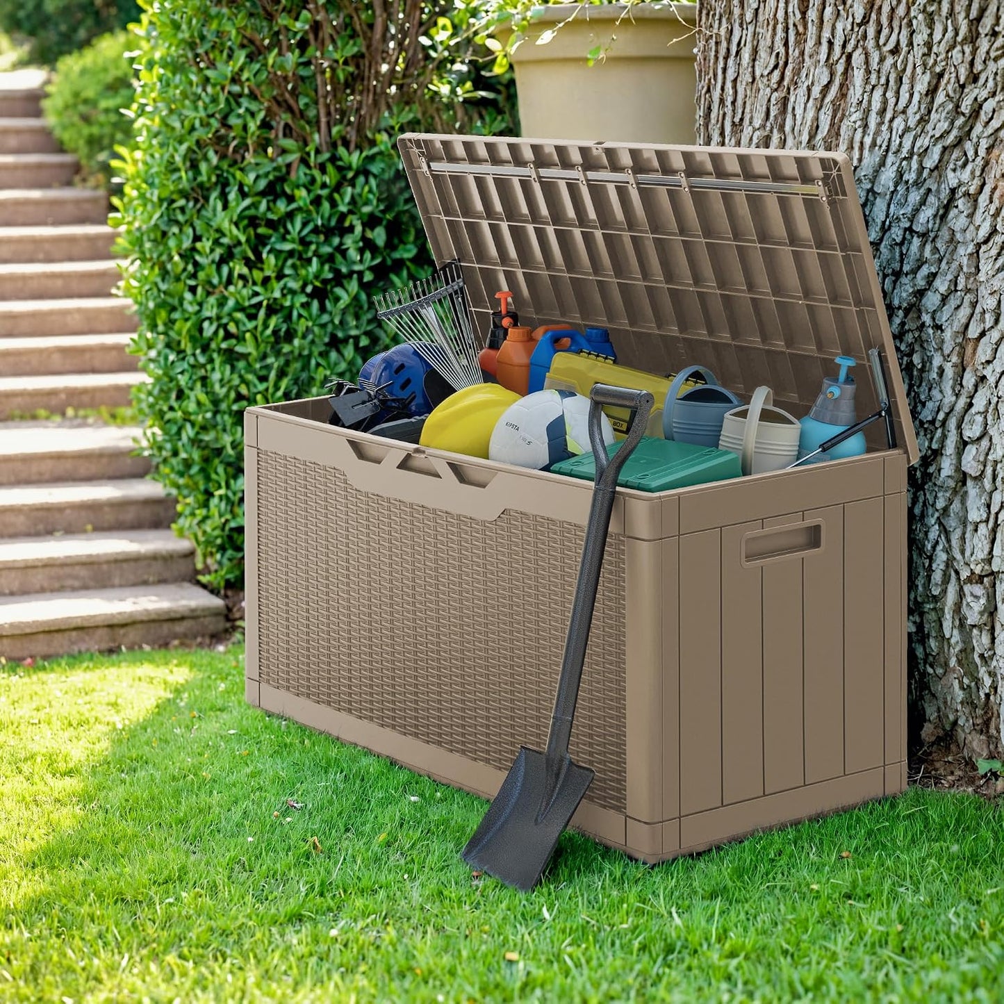 Greesum Outdoor Storage Box 82 Gallon Storage Bin with Lid for Patio Furniture, Garden Tools, Pool Supplies, Waterproof and UV Resistant, Lockable, Black