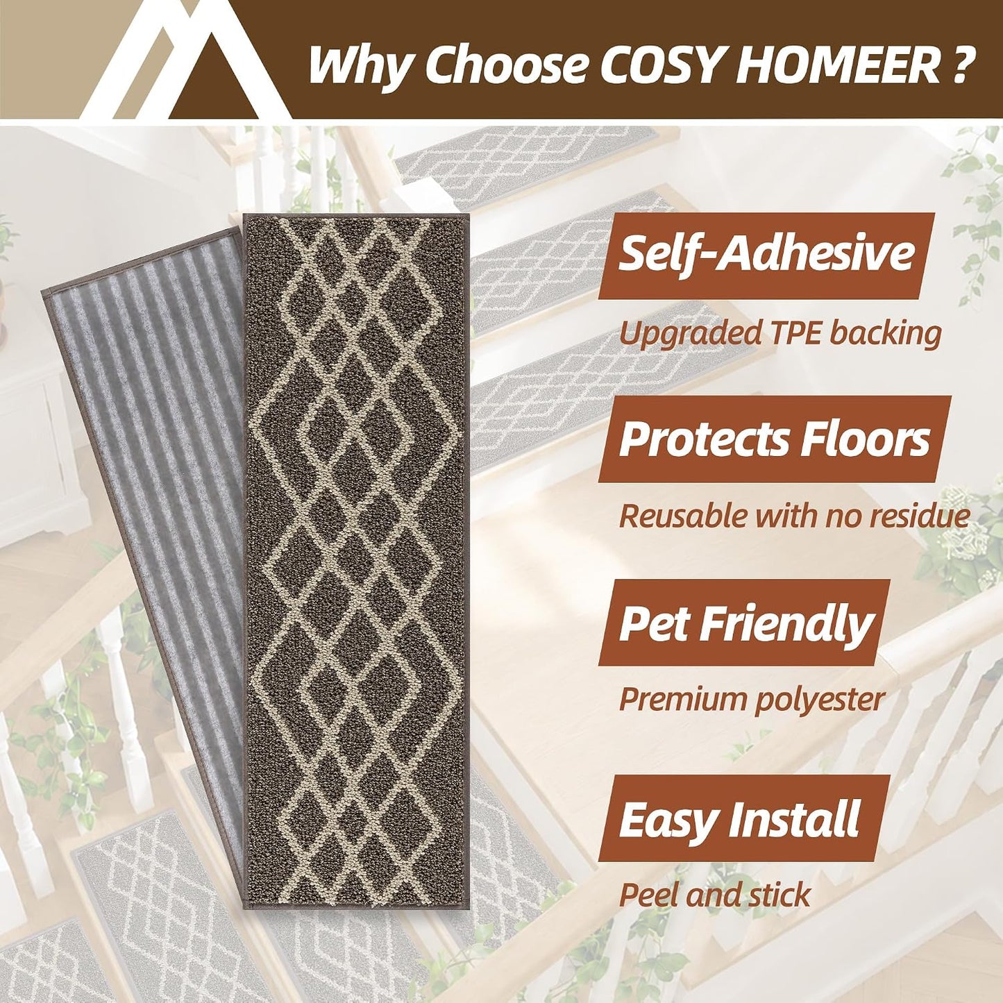 COSY HOMEER Soft Stair Treads Non-Slip Carpet Mat 28inX9in Indoor Stair Runners for Wooden Steps,Stair Rugs for Kids and Dogs, 100% Polyester TPE Backing 7pcs,Black,Rhombus