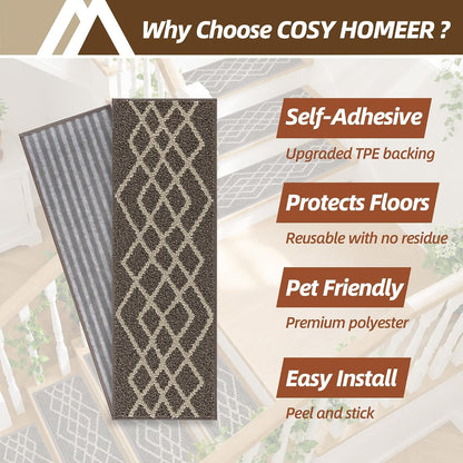 COSY HOMEER Soft Stair Treads Non-Slip Carpet Mat 28inX9in Indoor Stair Runners for Wooden Steps,Stair Rugs for Kids and Dogs, 100% Polyester TPE Backing 7pcs,Black,Rhombus