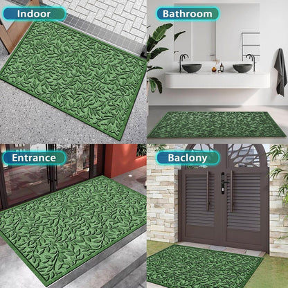 Bulijojo Sturdy Front Entrance Doormats,Durable Heavy Duty Welcome Mat,Thick Absorbent Natural Rubber Non Slip Mat,Easy Clean Entryway Mat 17x30 Inch Leaves Green