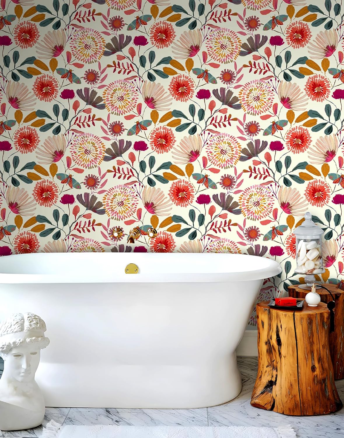 Wallpaper Peel and Stick Floral Wall Paper Removable Waterproof Navy/Pink/Orange Contact Paper for Bedroom, Bathroom,Bathroom, Home Wall 17.3" x 118"