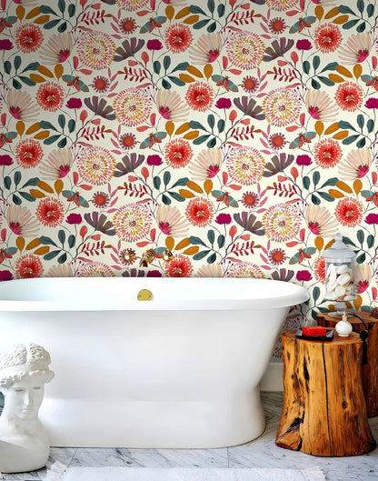 Wallpaper Peel and Stick Floral Wall Paper Removable Waterproof Navy/Pink/Orange Contact Paper for Bedroom, Bathroom,Bathroom, Home Wall 17.3" x 118"