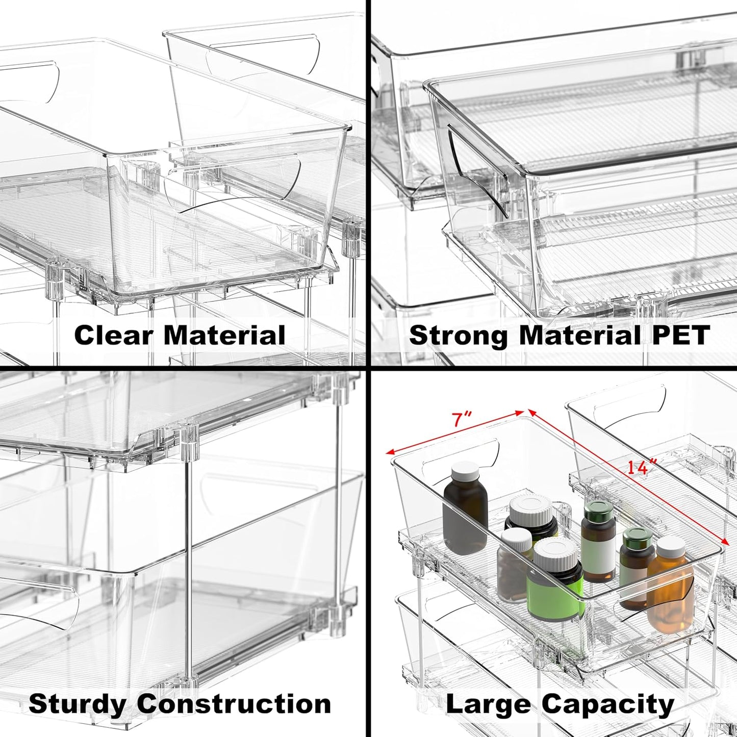 Simple Houseware 2 Tier Basket Drawer Cabinet Pull-Out Organizer, 2 Pack, Clear