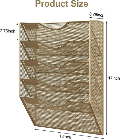 EasyPAG 5 Pocket Mesh Wall File Organizer with Key Hooks, Hanging Paper Folder Holder with Classify Label, Vertical Wall Mount Mail Organizer for Office Home Classroom, Black