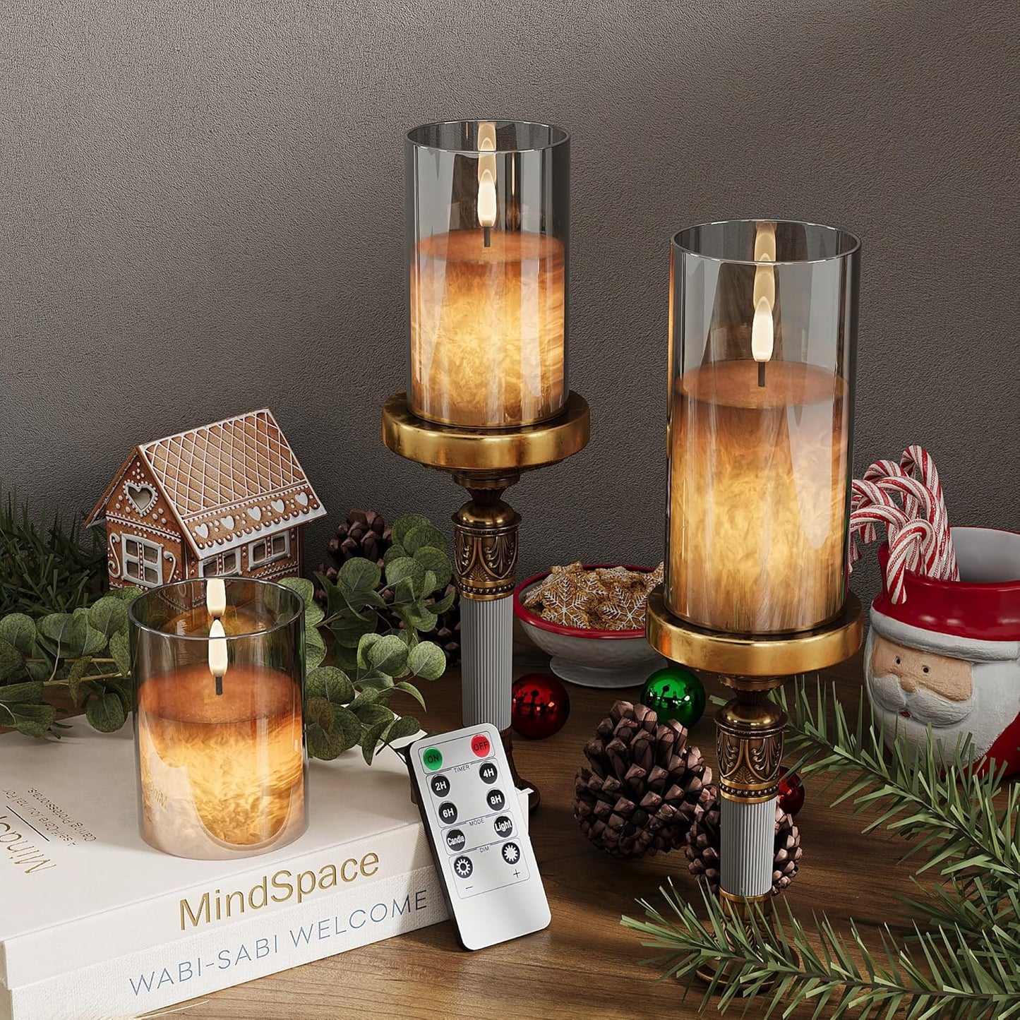 VIODAIM Ice Crystal Real Wax Glass Flameless Candles with Remote & Timer, Battery Operated Candles with Warm Flickering Flame, Realistic LED Candle for Wedding Home Decor [D3×H4/5"/6"] Gold, 3Pack