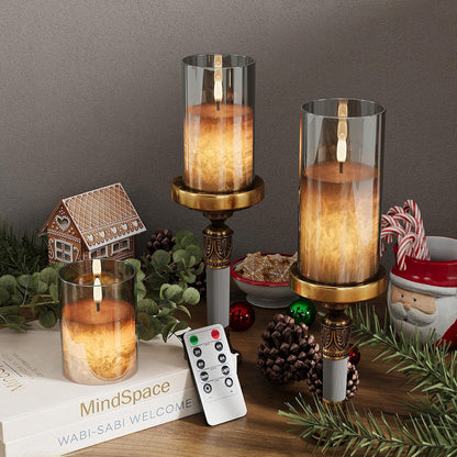 VIODAIM Ice Crystal Real Wax Glass Flameless Candles with Remote & Timer, Battery Operated Candles with Warm Flickering Flame, Realistic LED Candle for Wedding Home Decor [D3×H4/5"/6"] Gold, 3Pack