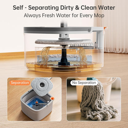 Spin Mop and Bucket Set with 2 Replaceable Microfiber Mop Pads with Self Separation Dirty and Clean Water System, Self Wringing 360° Rotating Square Mop Head for Hardwood Tile Marble Floors