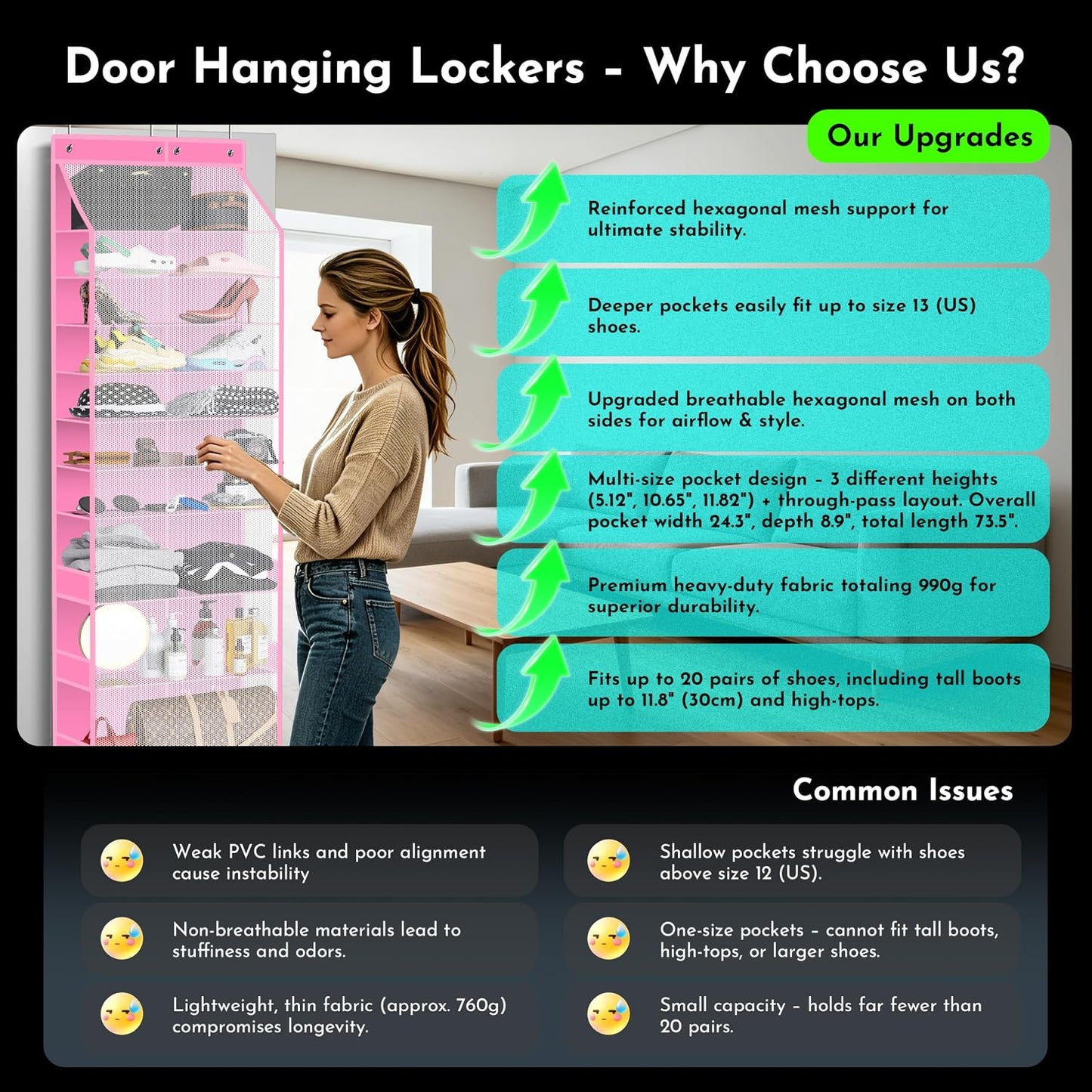 PAULONE 10-Pocket Multi-Use Over the Door Organizer, Heavy Duty 95lbs Capacity with Breathable Mesh, Versatile Hanging Storage for Shoes, Toys, Office Supplies-Classic (Black, 10-Shelf,)