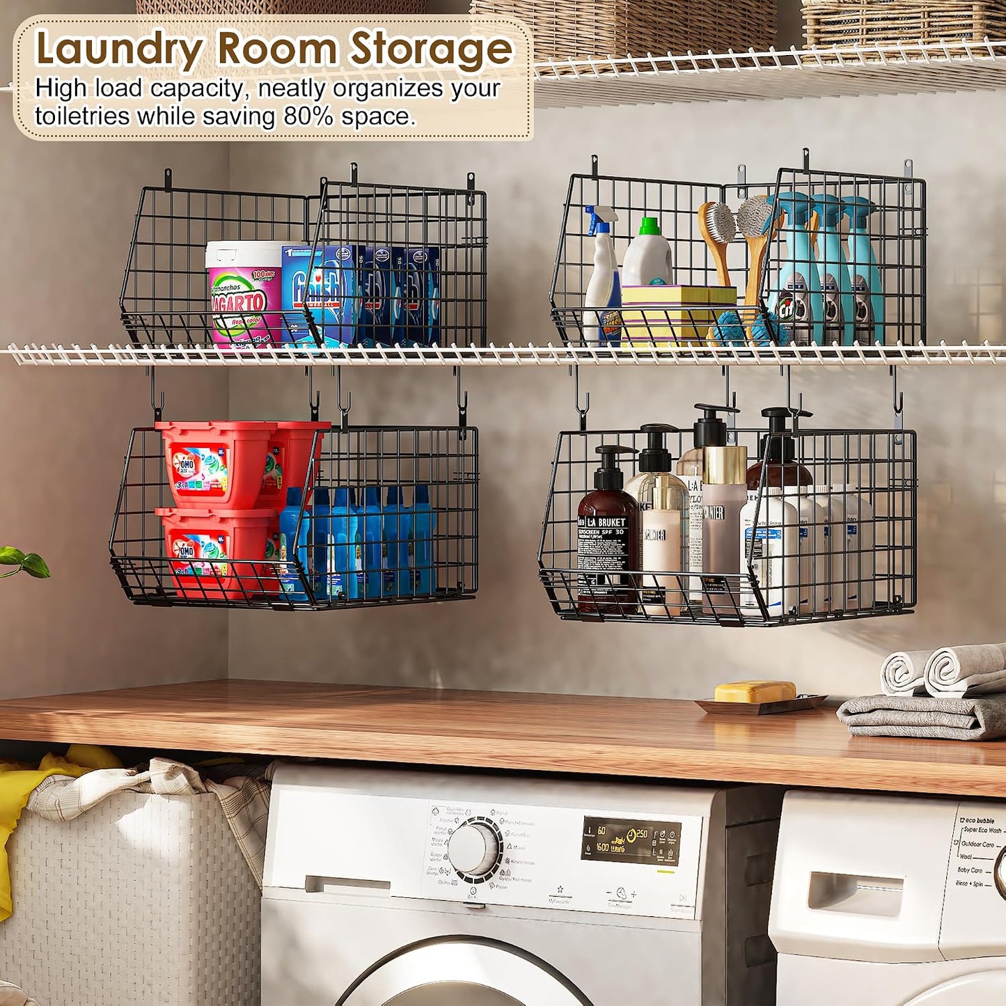 8-Tier Extended Depth Hanging Closet Organizers and Storage for Closet System, Stackable Closet Shelves with 4 Adjustable Dividers for Clothes Sweaters Purses, Wire Hanging Basket Fits Closet Laundry