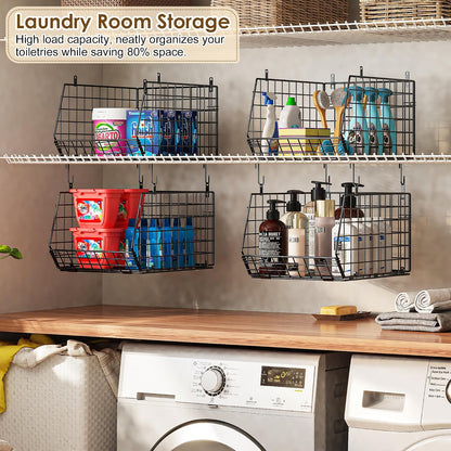 8-Tier Extended Depth Hanging Closet Organizers and Storage for Closet System, Stackable Closet Shelves with 4 Adjustable Dividers for Clothes Sweaters Purses, Wire Hanging Basket Fits Closet Laundry