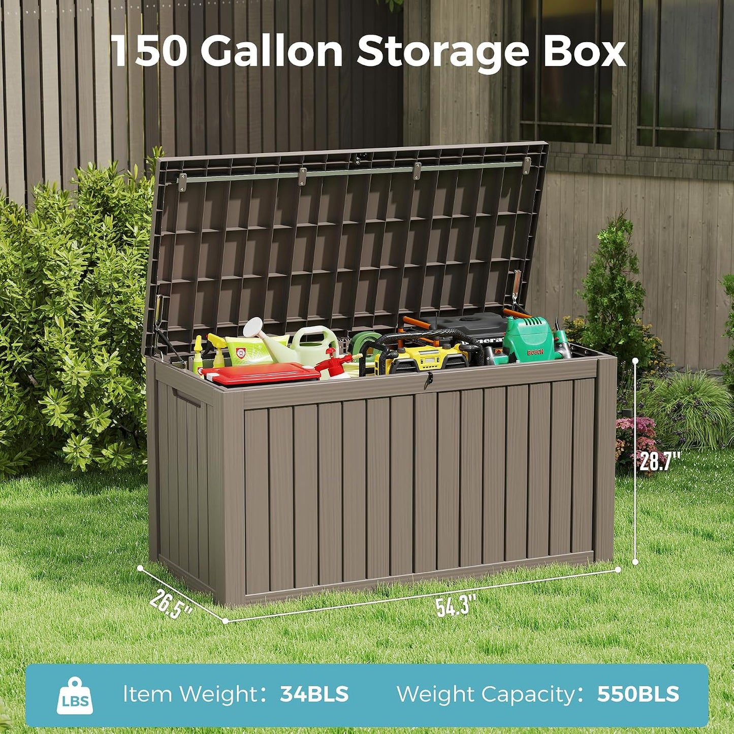NUNU LAB Outdoor Storage Box, 45 Gallon Outside Deck Box Waterproof, Resin Outdoor Storage Cabinet With Lockable Lid, Backyard Storage Bench For Garden Tools, Patio Cushions, Pool Tools, Black