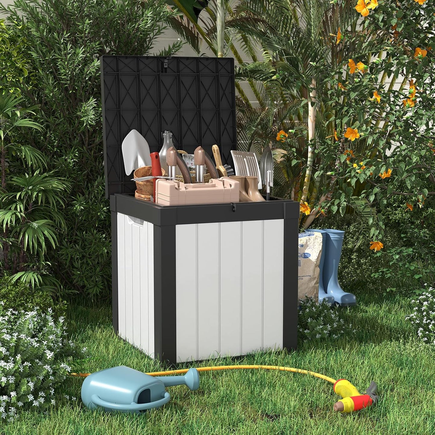 PatioZen 100 Gallon Resin Deck Box, Lockable Patio Outdoor Storage Box for Furniture, Garden Tools and Tools Storage, Waterproof Outside Storage Boxes - Black