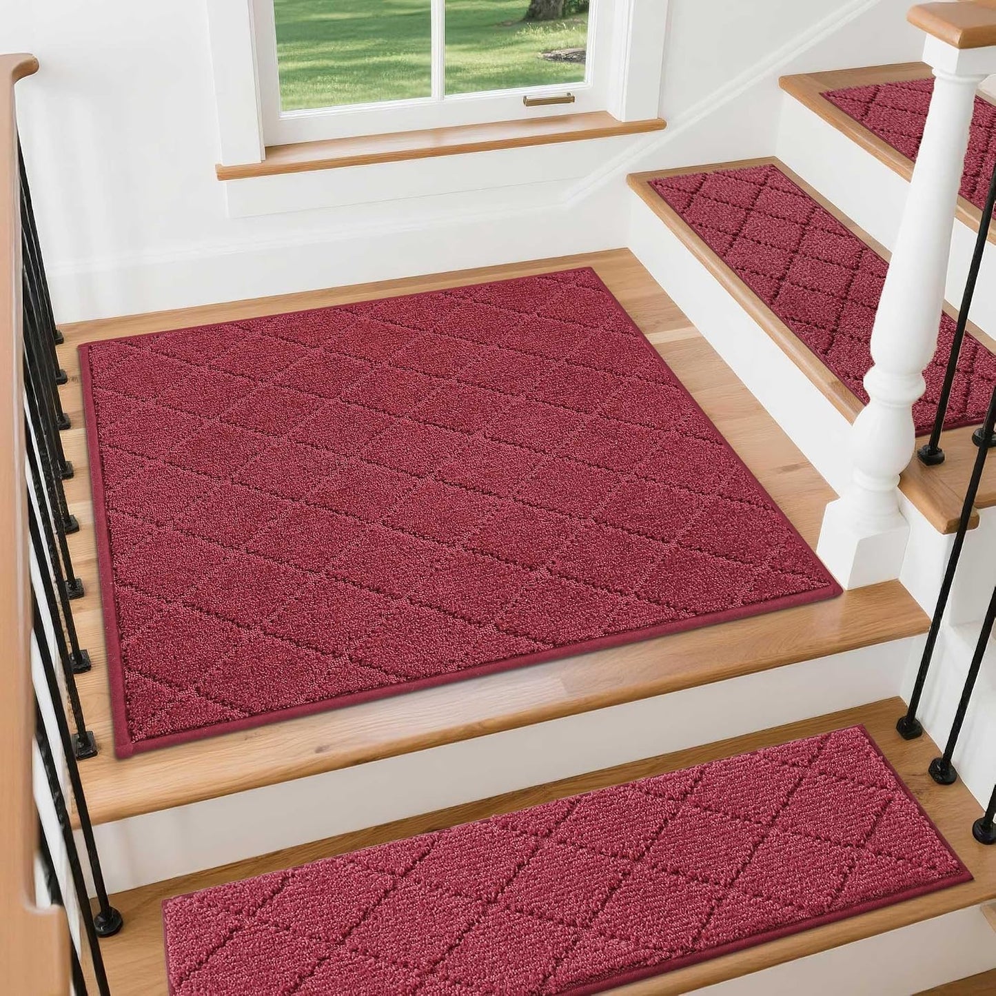 COSY HOMEER Edging Stair Treads Non-Slip Carpet Mat 28inX9in Indoor Stair Runners for Wooden Steps, Edging Stair Rugs for Kids and Dogs, 100% Polyester TPE Backing(4pc, Beige)