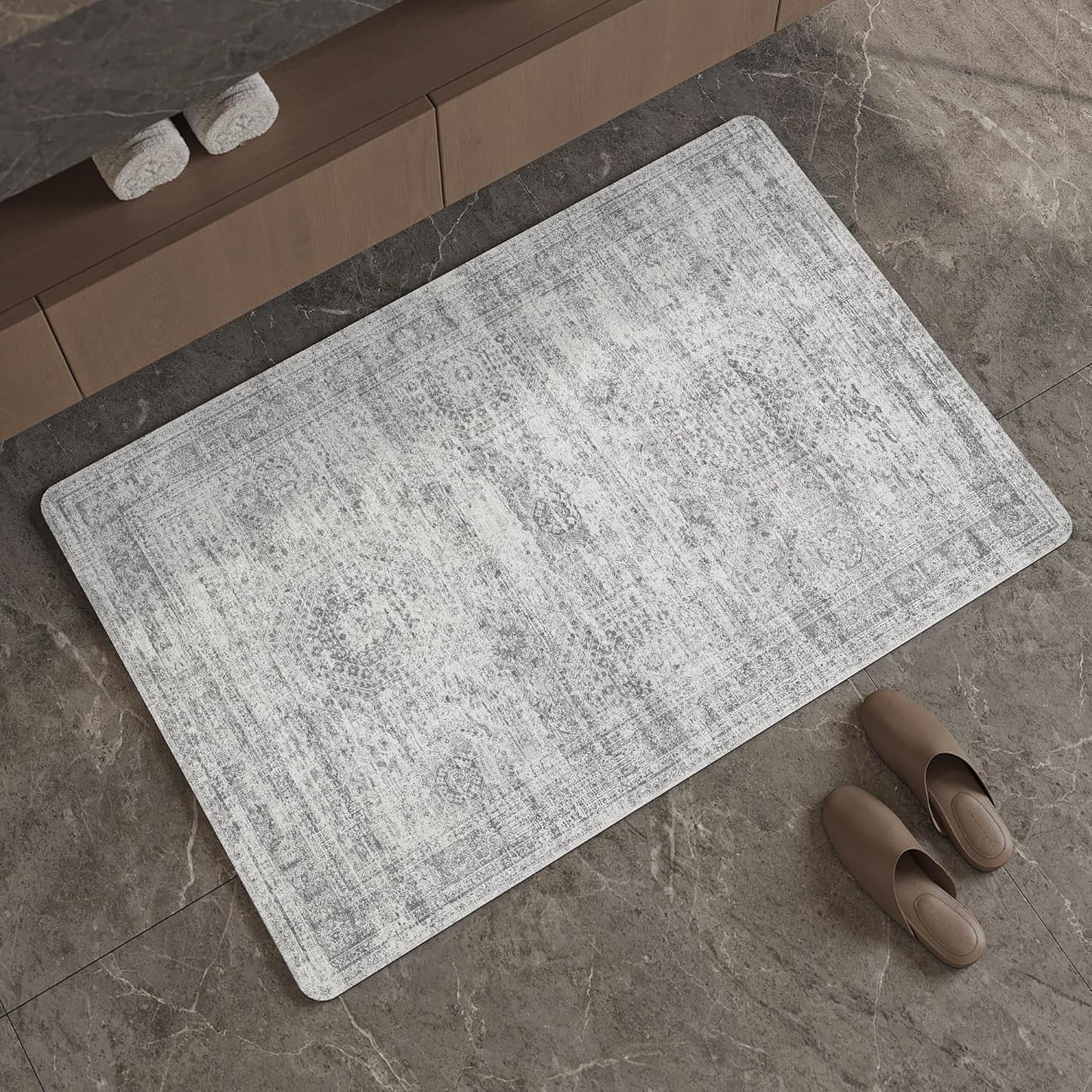 Mecko Bath Mat Rug, Rubber Non-Slip Quick Dry Absorbent Thin Bathroom Rugs Fit Under Door Bathroom Floor Mats-Shower Rug for in Front of Bathtub, Sink, Shower Room(Light Grey,16"x24")