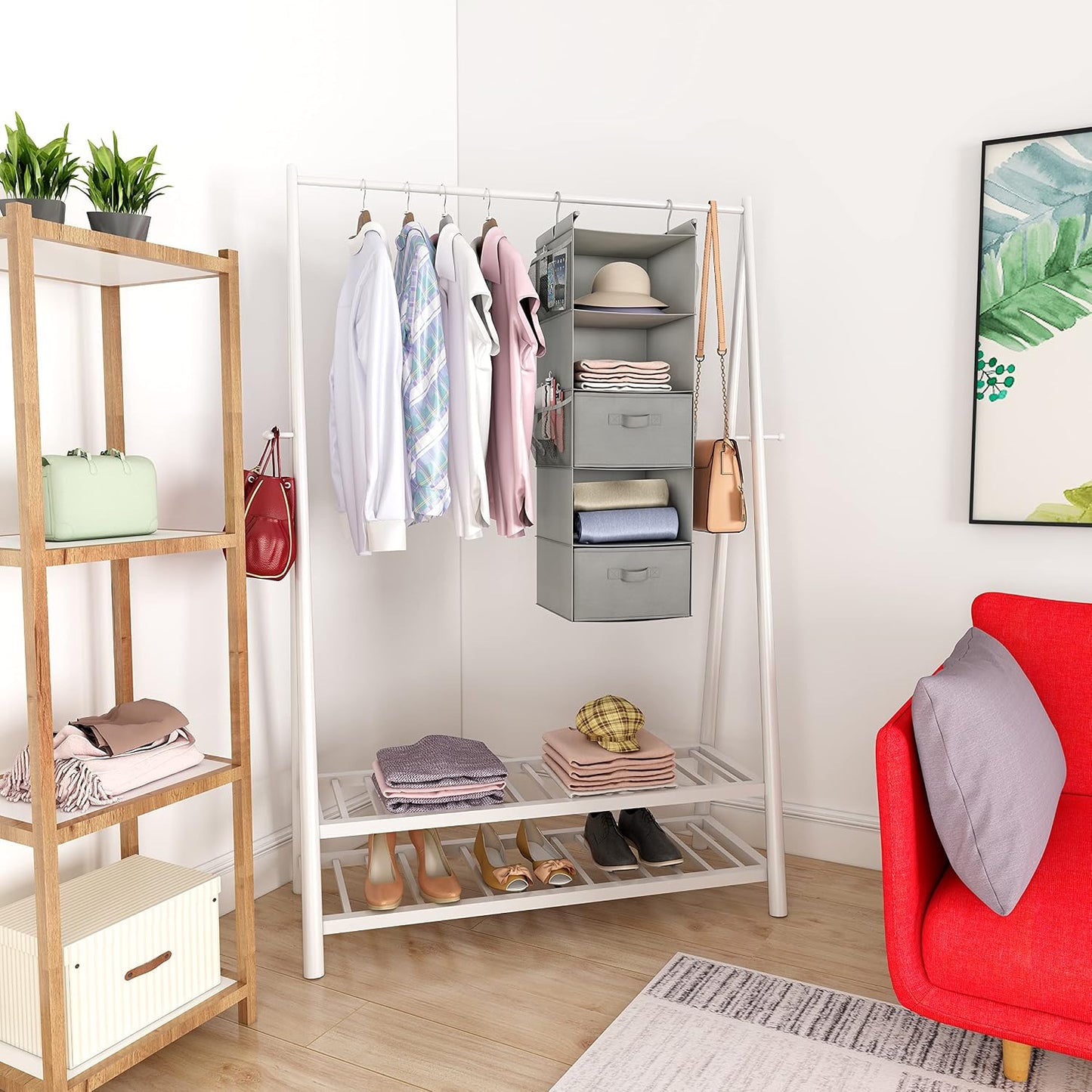 MAX Houser 4-Shelf Hanging Closet Organizer, Space Saver, Cloth Hanging Shelves with 2 Side Pockets, Foldable (Beige)