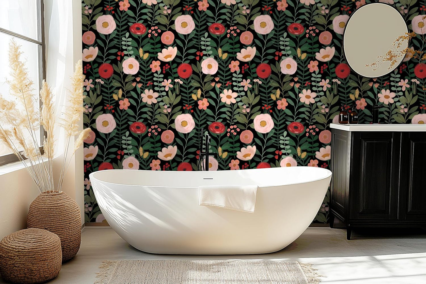 HAOKHOME Floral Peel and Stick Wallpaper Boho Vintage Wall Paper Removable for Bathroom Nursery Beige/Pink/Red Contact Paper 17.3in x 9.8ft