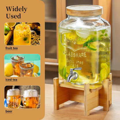 Drink Dispenser with Wood Stand and Lid,2 Gallon Glass Beverage Dispenser with Stainless Steel Spigot for Parties,Picnics,Barbecues,Lemonade,Sun tea Jar,ice coffee,Laundry Detergent Dispenser