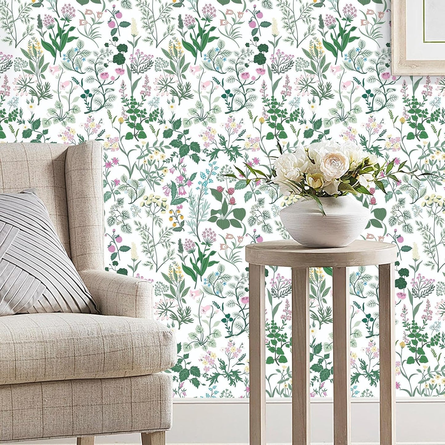 Dimoon 17.3''x78.7'' Vintage Peel and Stick Wallpaper Boho Beige Neutral Contact Paper White Floral Bird Wallpaper Removable Botanical Renter Friendly Modern Wall Paper Bedroom Bathroom Vinyl Roll