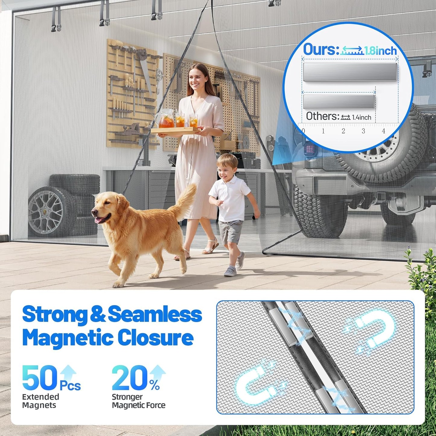 Heavy Duty Magnetic Screen Door Mesh - Auto-Sealing Hand-Free Door Net Screen with 50 Magnets, Pet & Kid Friendly, PET Fine Mesh Doors Screens Keep Bugs & Mosquitos Out Fits Front Doors Size 36” x 82”